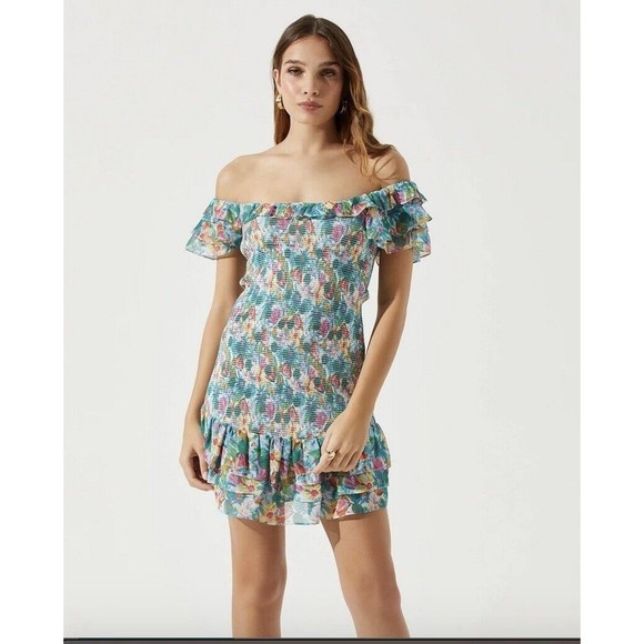 ASTR The Label XL Green Pink Blue Floral Smocked Sleeveless Dress Flutter Sleeve - Picture 12 of 12